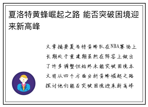 夏洛特黄蜂崛起之路 能否突破困境迎来新高峰