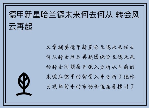 德甲新星哈兰德未来何去何从 转会风云再起